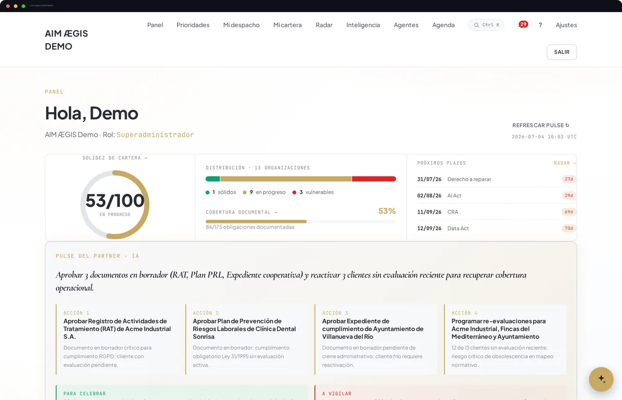 El cockpit de AIM ÆGIS: cartera de clientes con su semáforo de cumplimiento, prioridades y agenda de plazos